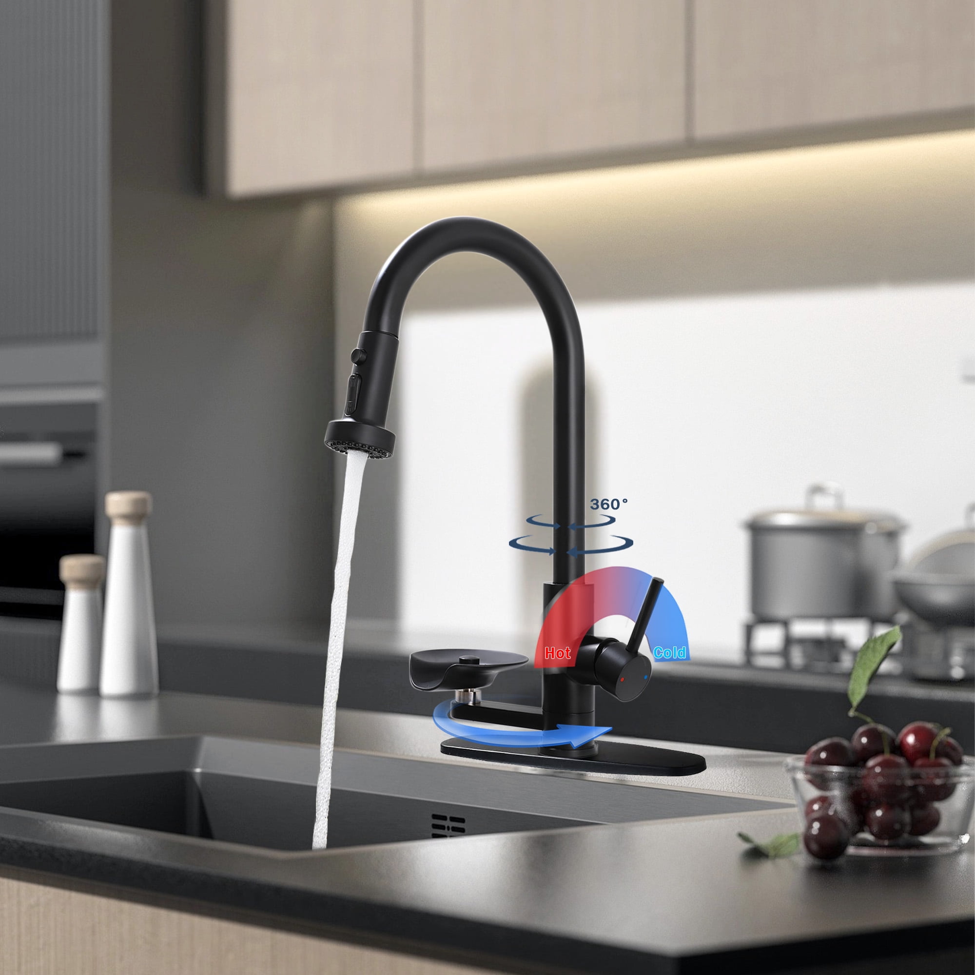 3 in 1 Kitchen Faucet with Press-Type Glass Rinser, High-Arc Pull-Down Sprayer Faucet, 3 Function Spray Mode, Matte Black Finish, for Modern Kitchen Sink