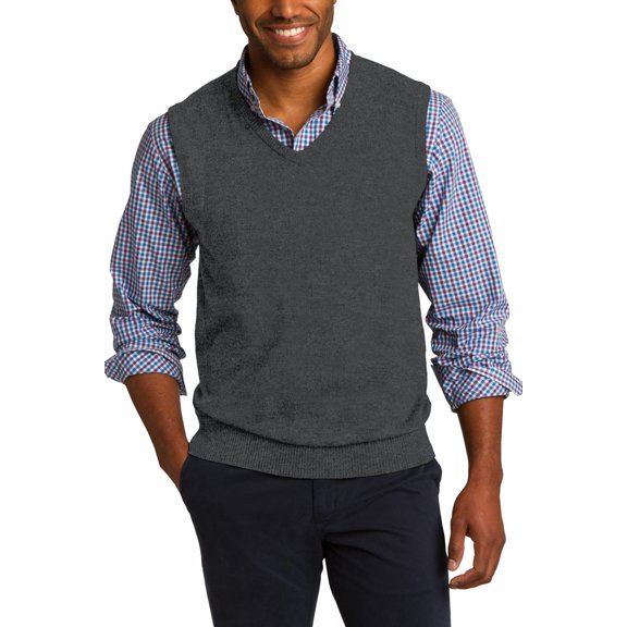 Just Blanks Sweater Vest Rib Knit V-Neck Armholes And Hem, Charcoal Heather, 4XL