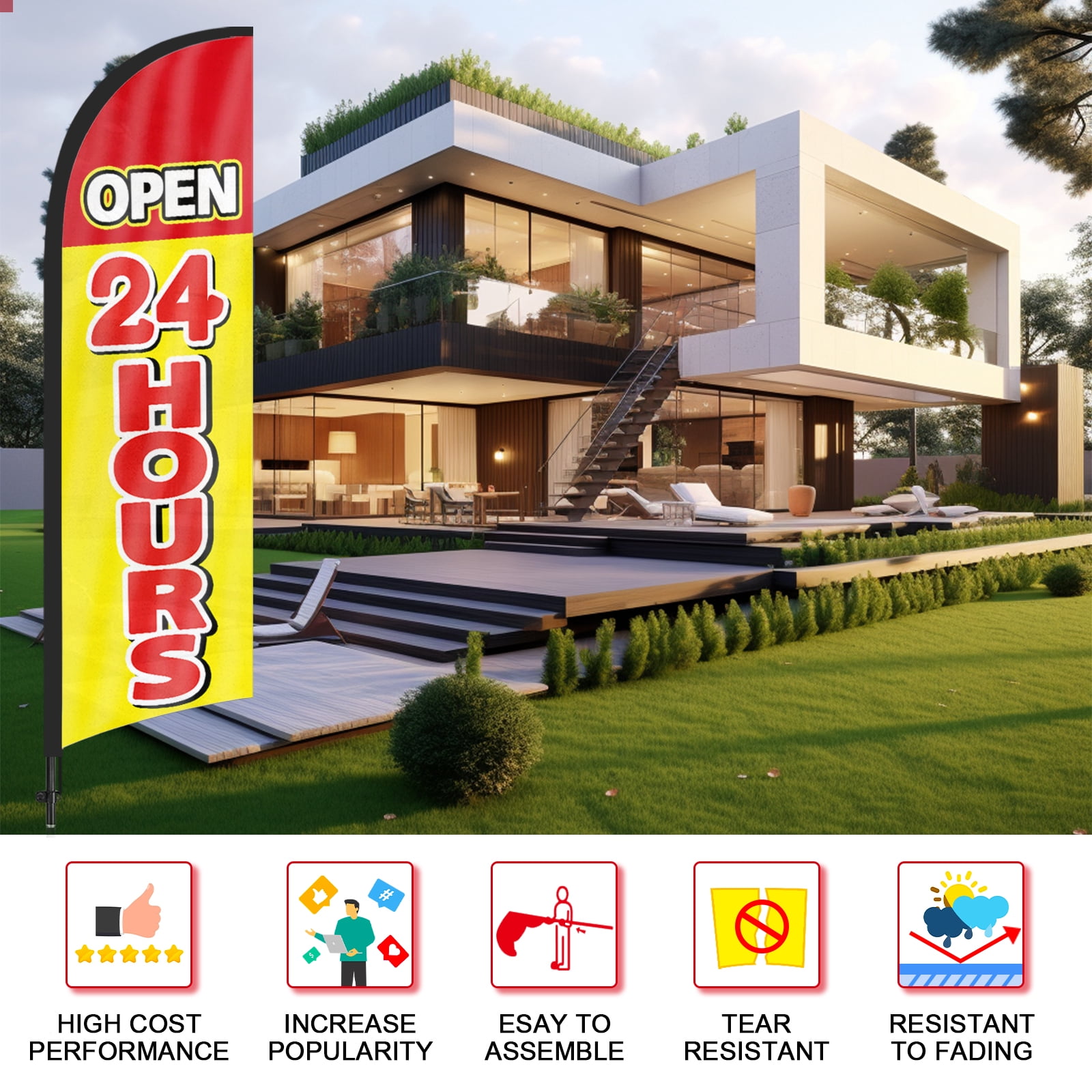 QSUM Open 24 Hours Feather Flag with Flag Pole Kit and Ground Spike, 8.2FT Open 24 Hours Windless Flag Banner Sign Business for Outdoor Advertising Sign Decoration Display