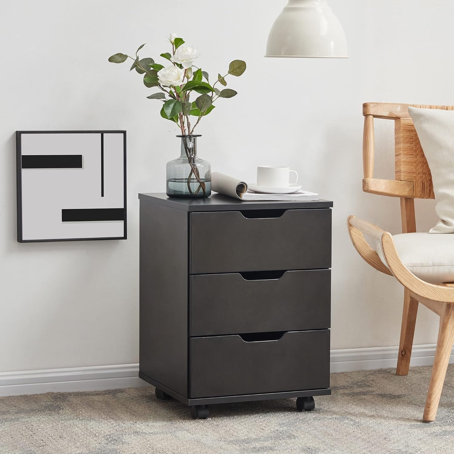 3-Drawer Black Vertical Filing Cabinet Rolling Wood Mobile File Cabinets Under Desk for Home Office with Casters (Black, Fully Assembled)