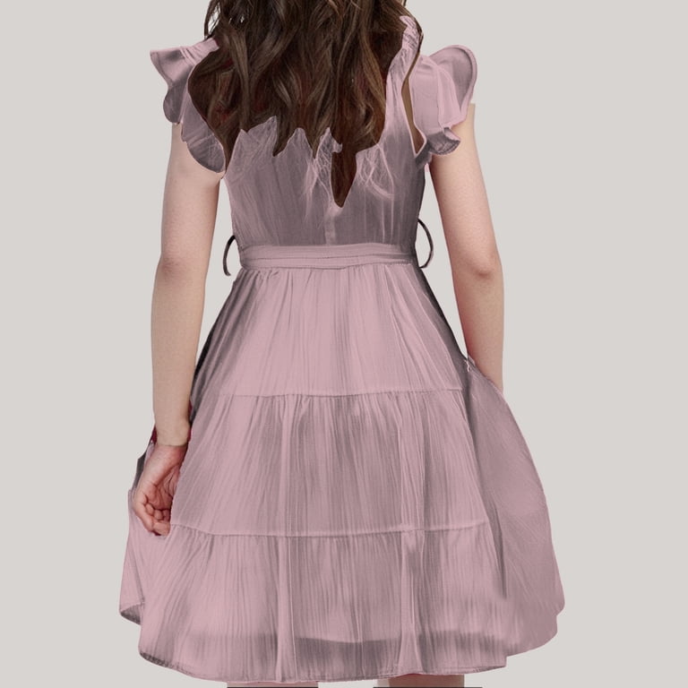 MIXUE Girls Casual Dresses Juniors Summer Chiffon Solid Color Ruffle Crew  Neck Fly Sleeve Elegant A Line Party Dress Outwear,Pink,13-14 Years -  Walmart.com