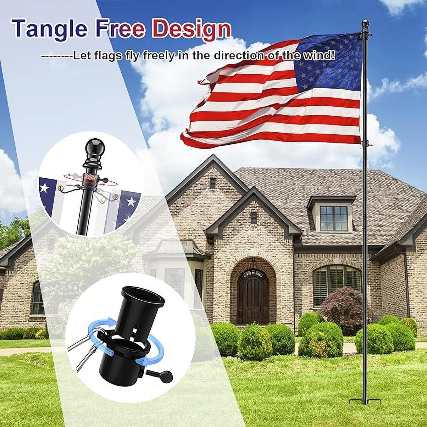 OLIYNEDY Flag Pole with 3x5 Embriored US Flag, 8.2FT Tangle Free Heavy Duty Ground Flagpole with Anti-Tip Stake, Black