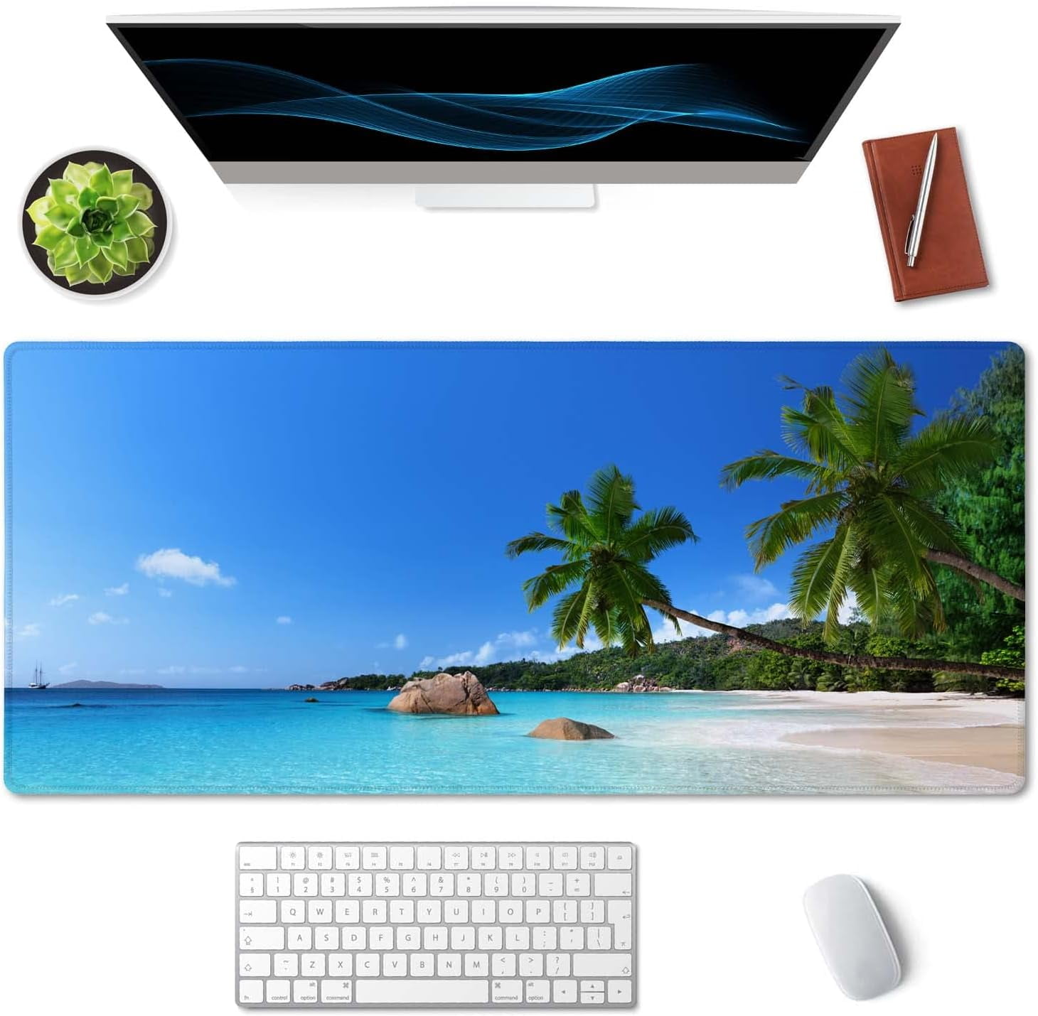 Tropical Paradise Sunshine Beach Coast Sea Palm Trees Mouse Pad 35.5 X 15.7 Inch XXL Full Desk Mousepad Extended Large Non-Slip Rubber Base Waterproof Big Keyboard Mat with Stitched Edges