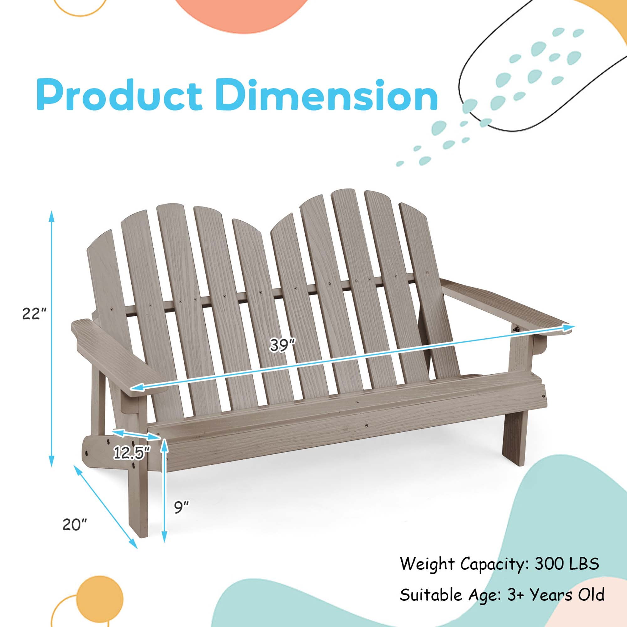 Costway 2 Person Adirondack Chair Kid Solid Wood Loveseat Backrest Arm Rest Patio Gray