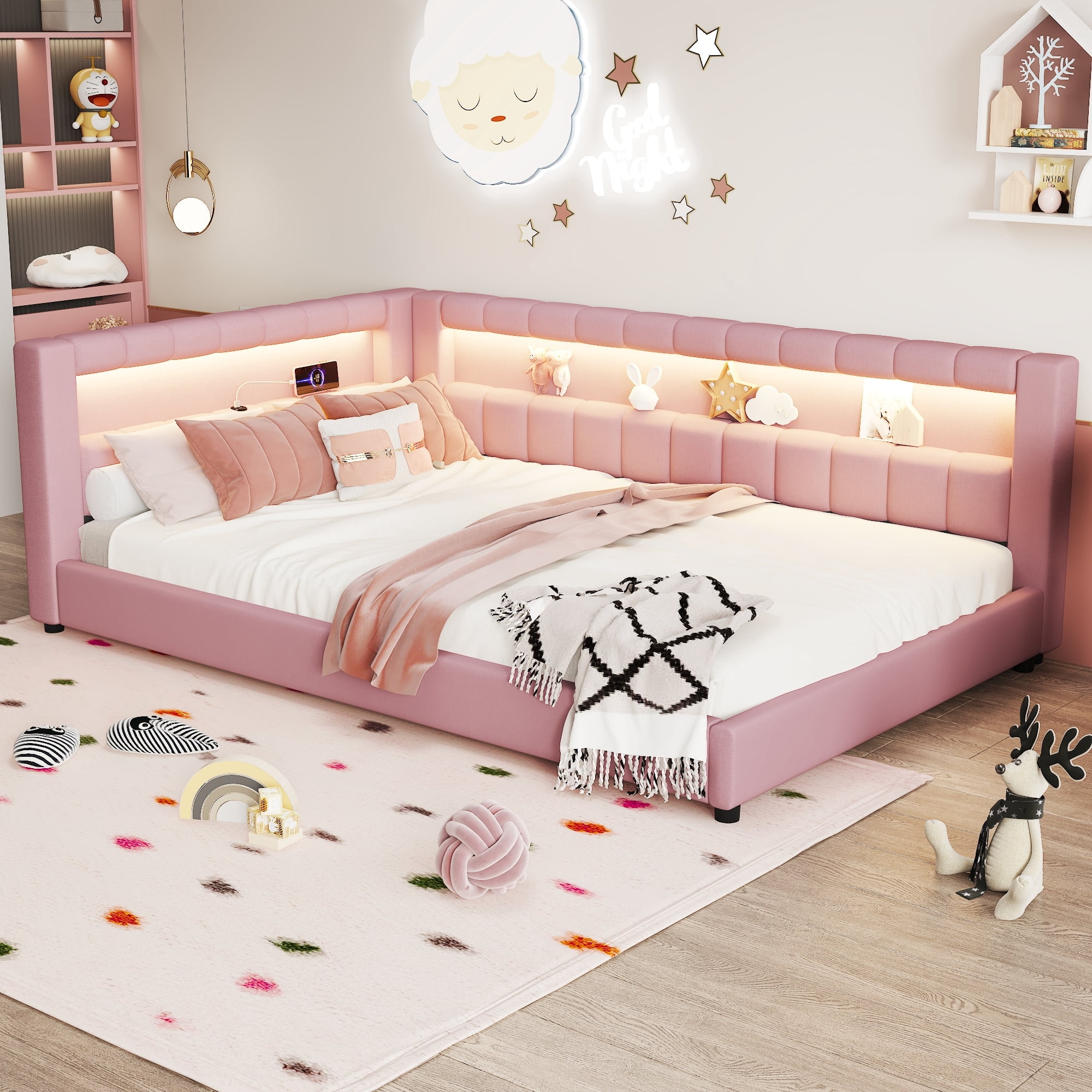 Euroco Upholstery Full XL Platform Bed with LED Light and USB Ports, Pink