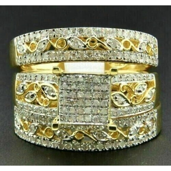2 CT Round Cut Simulated Diamond Stylish His & Her Trio Wedding Ring Set 14K Yellow Gold Plated Pure 925 Sterling Silver