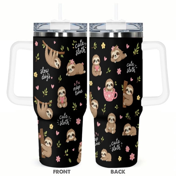 40oz Cute Sloth Floral Car Cup Insulated Tumbler Large Capacity Travel Coffee Cup with Leak Resistant Lid Slow Days Nap Time Design Gift for Women Men Birthday Holiday Present