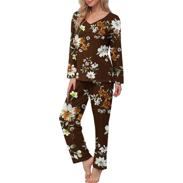 Puntoco Traje De Manga Larga + Pantalones Con Cuello En V Estampado Informal De Moda De Halloween Para Mujer Marrón Xl