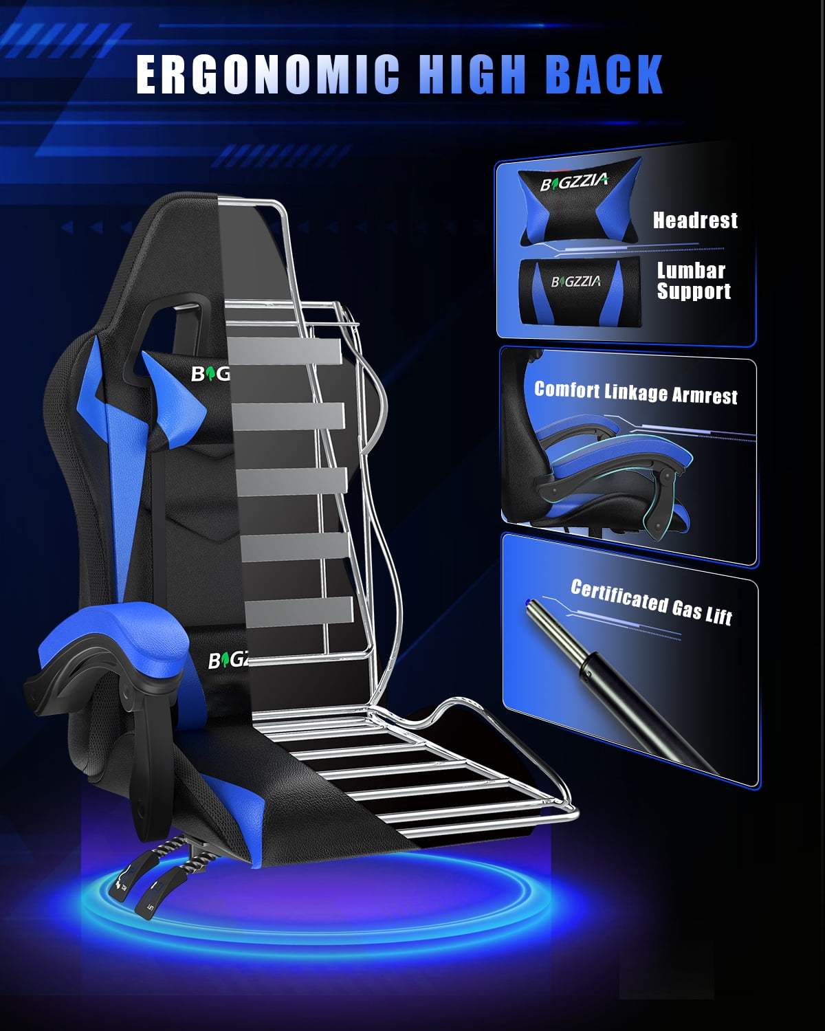 Bigzzia Gaming Chair with LED Lights, Computer Chair with Lumbar Support, Ergonomic High Back Video Game Chair with Swivel Seat and Headrest, Blue