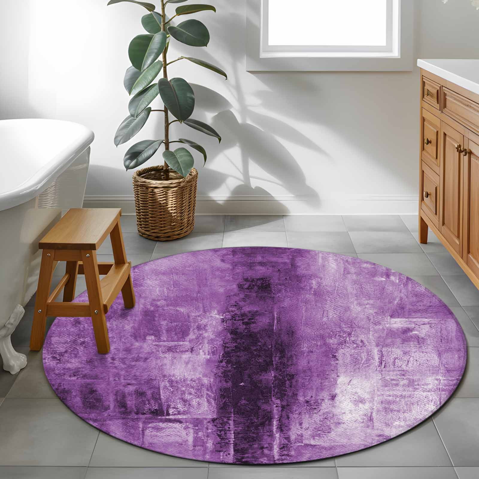Purple Round Area Rug 4 FT, Non Slip Indoor Outdoor Rug, Retro Oil Painting Modern Abstract Art Aesthetics Washable Soft Circular Carpet Non-Shedding Floor Mat for Coffee Table Nursery Foyer Balcony