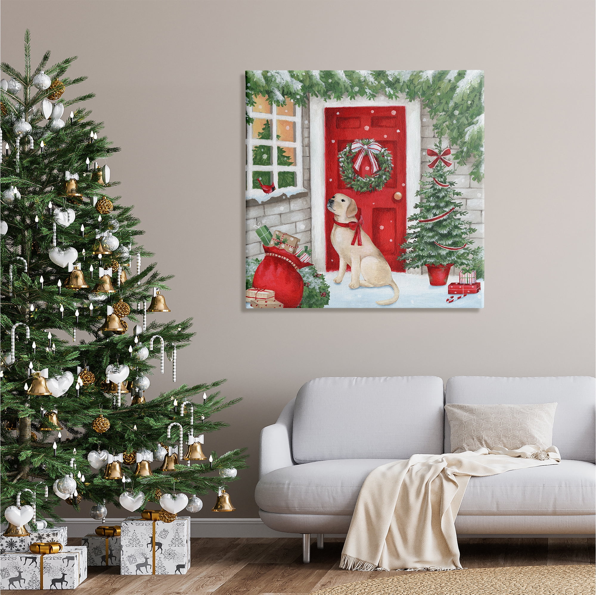 Stupell Industries Dog & Winter Holiday Doorway Holiday Painting Gallery Wrapped Canvas Art Print Wall Art, 36 x 36