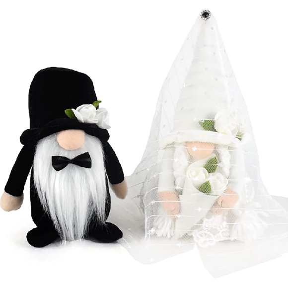 Attiigny 2pcs Wedding Dress Gnome Plush Present Bride & Bridegroom Gonk After Party Decoration Couple Doll Elf Scandinavian Ornaments Wedding Anniversary Romantic Gifts