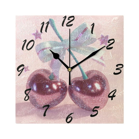 Square Wall Clock Silent Non-Ticking Battery Operated Retro 7.78" Clock for Bedroom Living Room Decor Pink Large Cherries