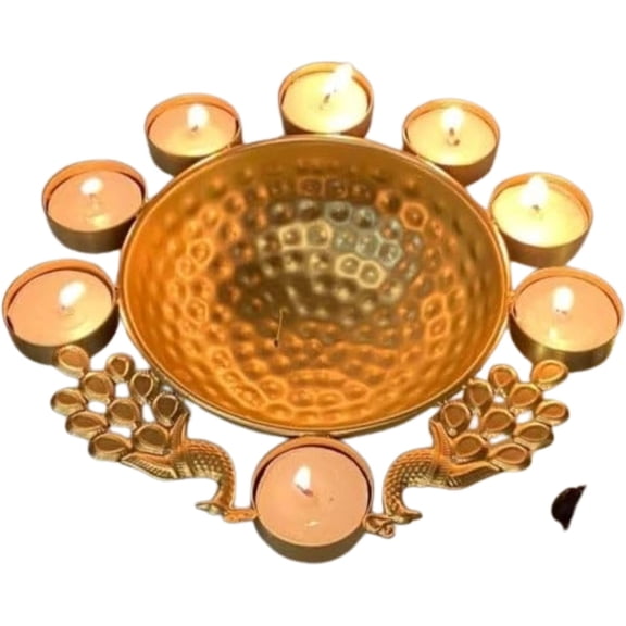 Golden Peacock Border Design Iron Urli Bowl Indoor and Outdoor Gift for Home Decor