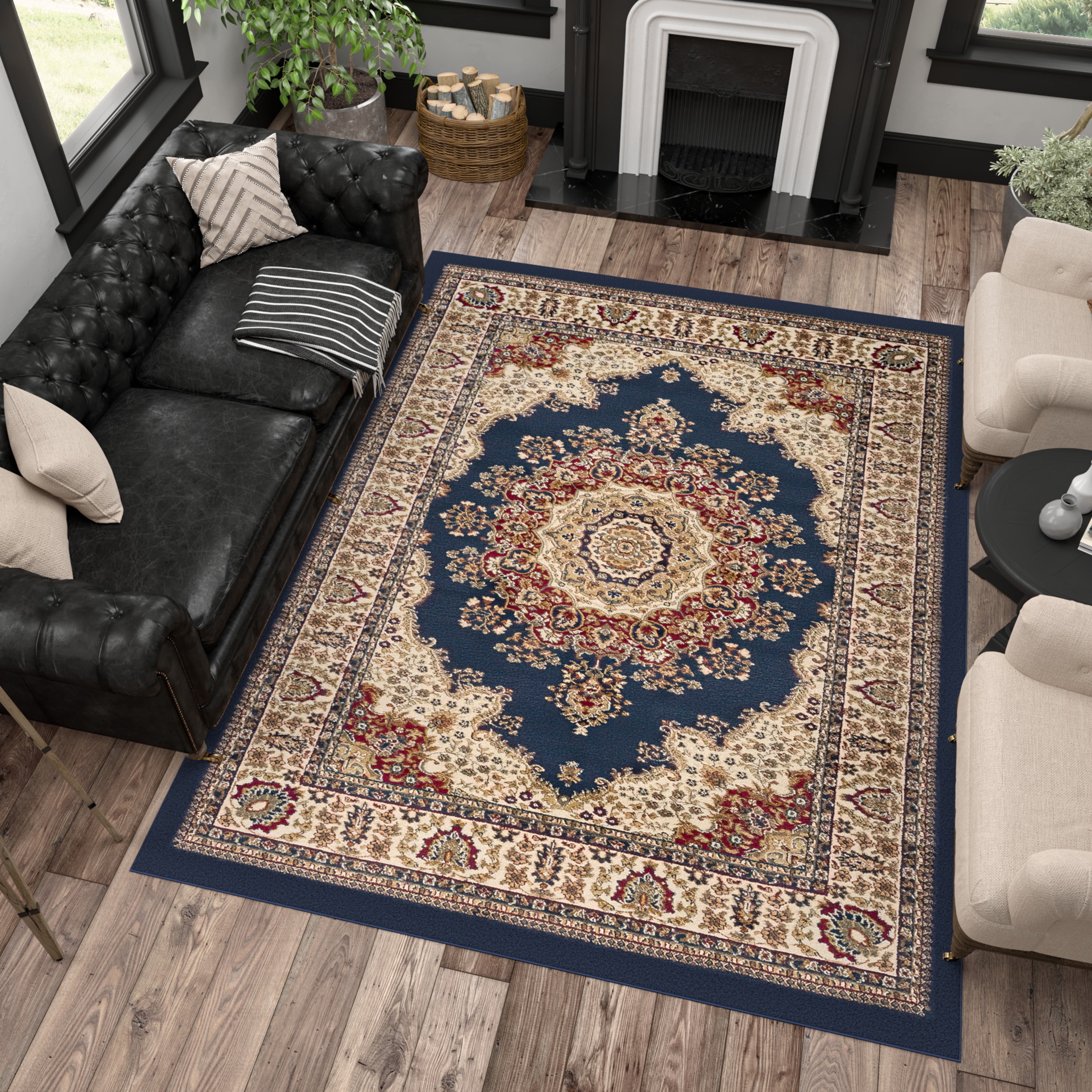 Sensation Transitional 8' x 10' Navy and Beige Polypropylene Indoor Area Rug