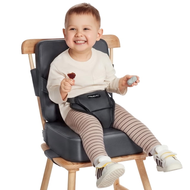 HOMEAL - Asiento elevador para silla de cocina, transpirable para mesa de comedor con respaldo y correas ajustables, asiento elevador portátil de viaje para niños, gris oscuro