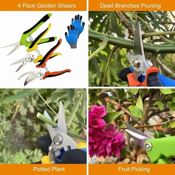 PURELY- Pruning Shears, 4 Pack Garden Shears With Gardening Gloves, Clippers Handheld, S