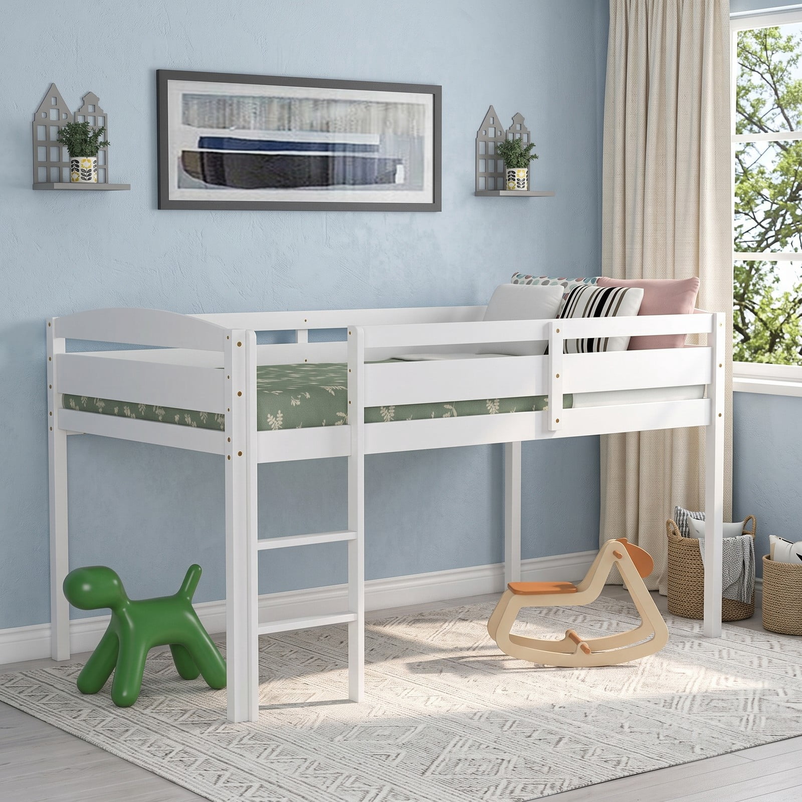 Furnibear Twin Low Loft Bed with Guardrail and Ladder Solid Wood Frame with Open Under-bed Storage Space for Kids, White