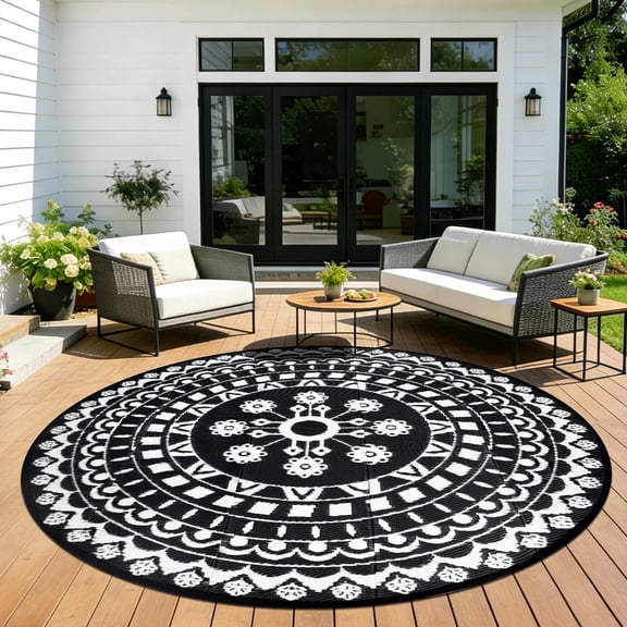 8*8ft Round Outdoor Rug Circle Outside Area Rug Boho Reversible Patio Rug Plactic Straw Rug for Patios,Deck,Picnic,Beach,Trailer,Camping,Black&White