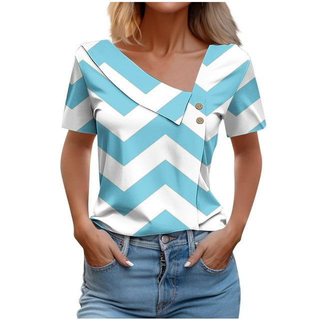 FAIWAD Women Summer Tops Short Sleeve Irregular V Neck Button T-Shirts Geometric Color Block Print Tees Blouses