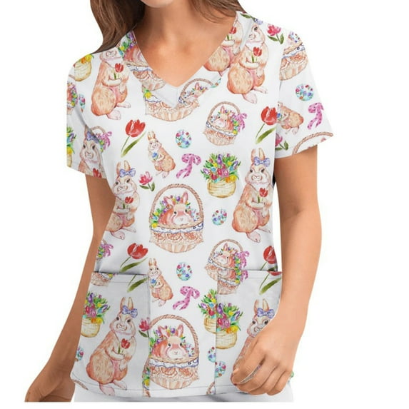 Genuiskids Easter Womens Scrubs Tops T-Shirt Easter Eggs Bunny Print V Neck Short Sleeve Medical Scrub Shirts Working Uniform Wear with Pockets Red