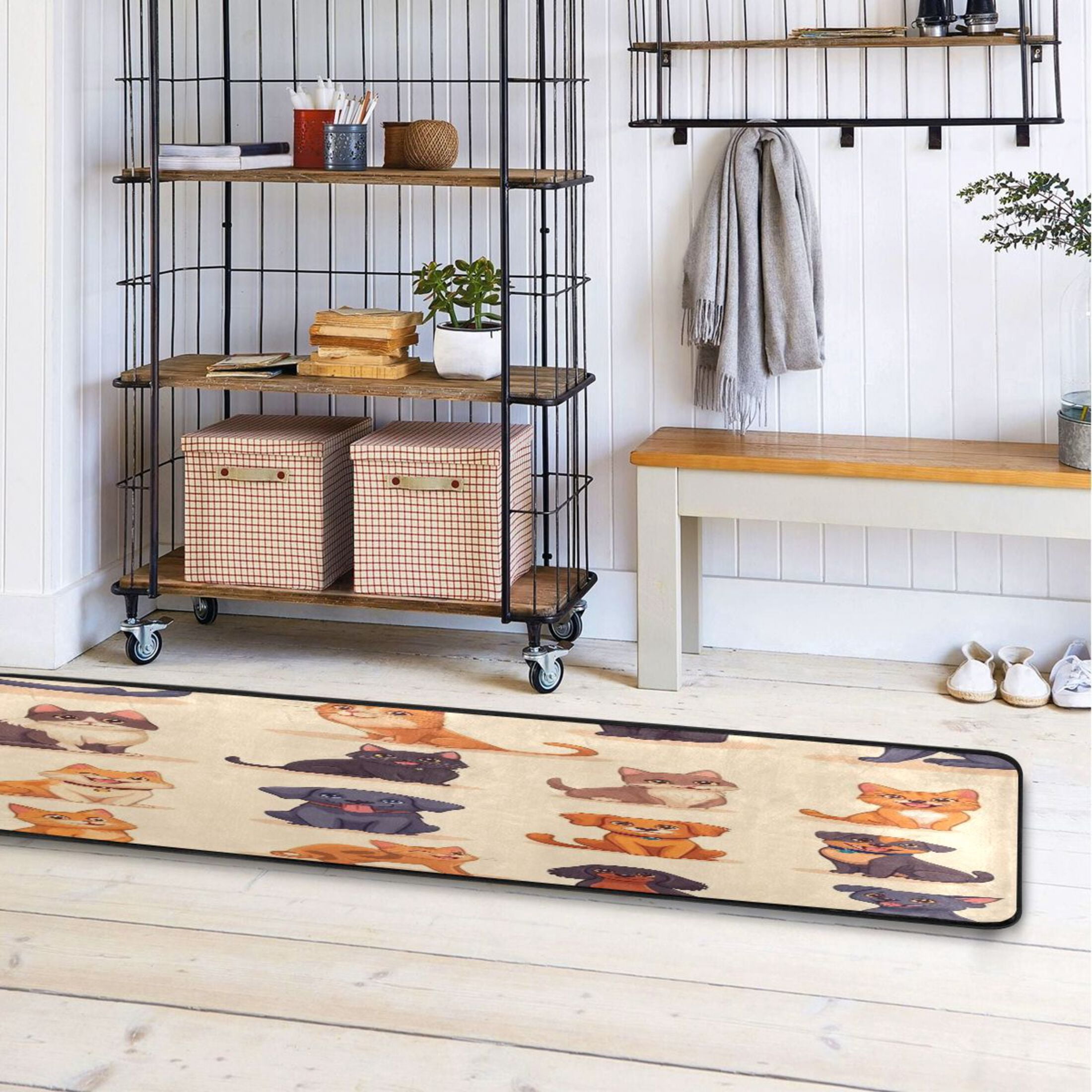 Cartoon Cats and Dogs Pattern 72x24" Runner Rug, Non-Slip Memory Foam Cushion, Anti-Crease for Hallways and Bedrooms