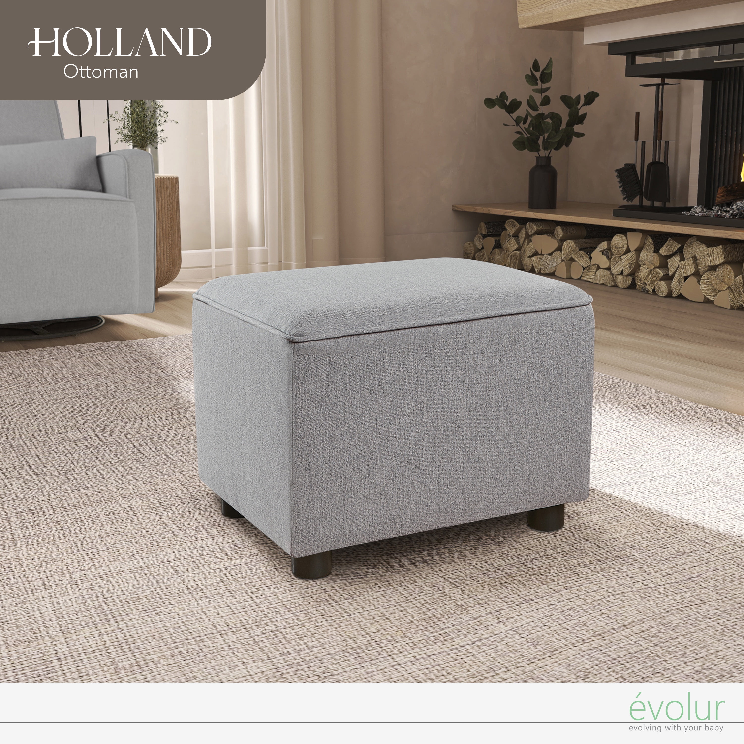Evolur Holland Rectangular Upholstered Ottoman, Grey