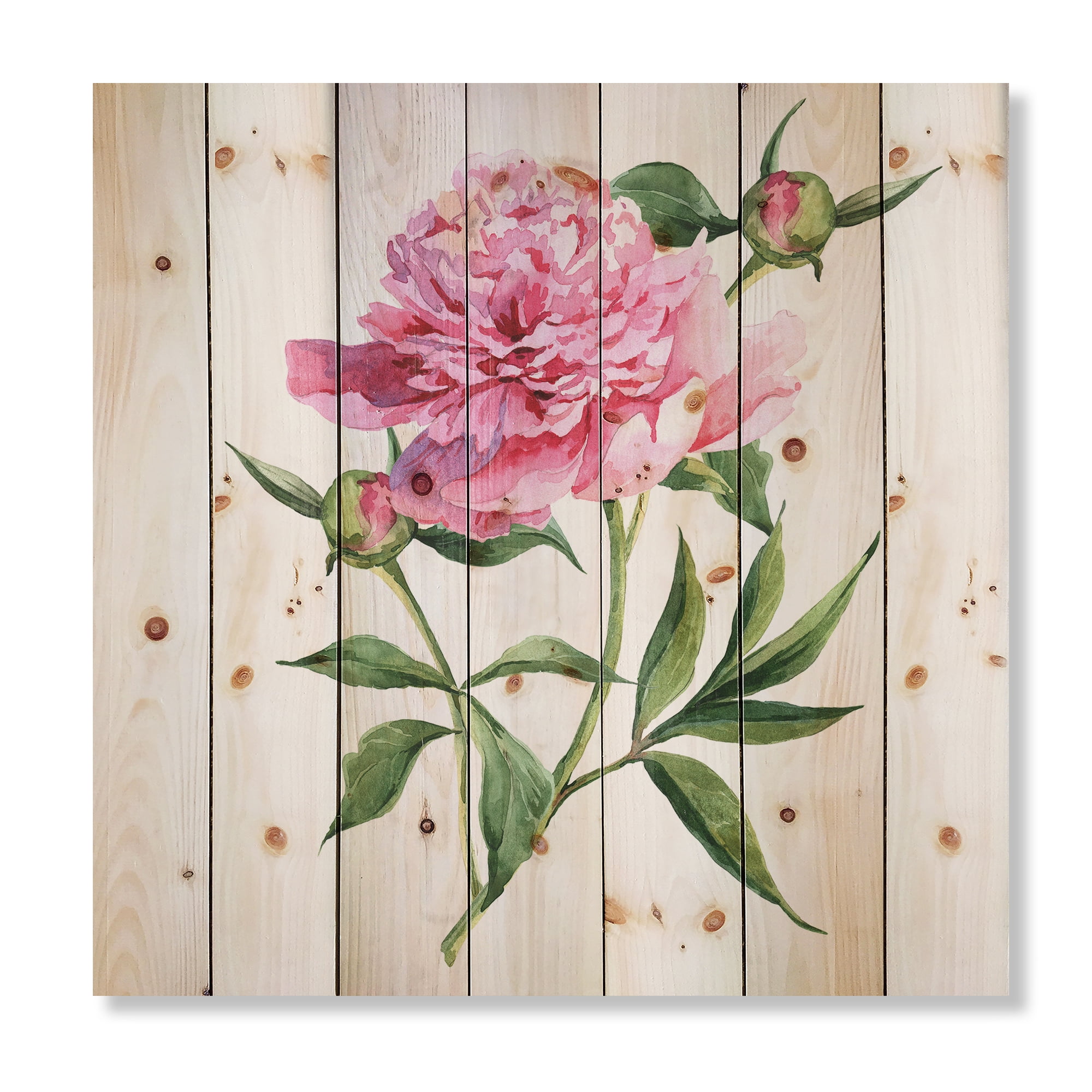 Designart 'Ancient Pink Peonies' Traditional Print on Natural Pine Wood