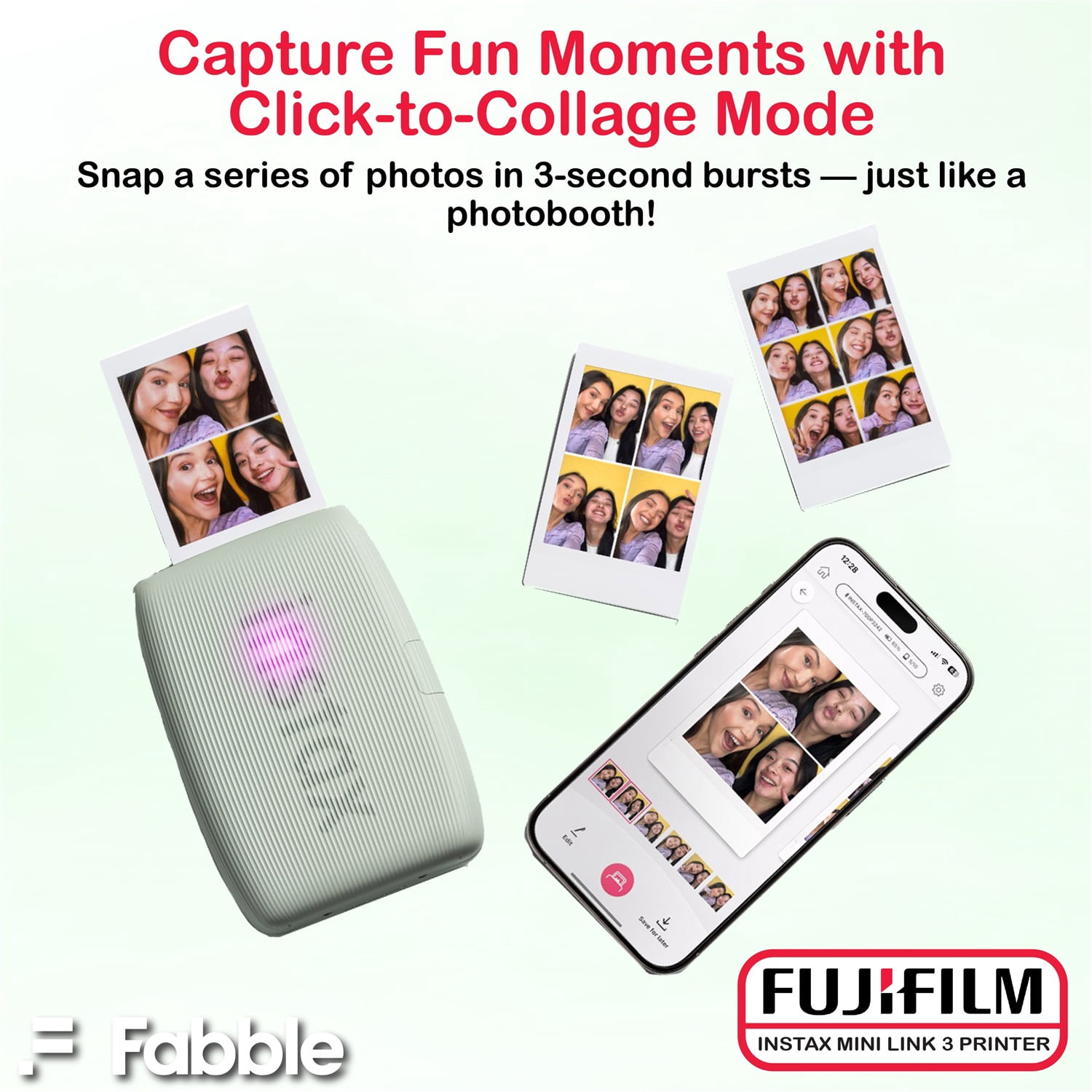 Fujifilm Instax Mini Link 3 Smartphone Printer – Sage Green Bundle with a Protective Case, Twin Pack Instant Film (20 Sheets), Hanging Photo Frames, and Premium Microfiber Cleaning Cloth