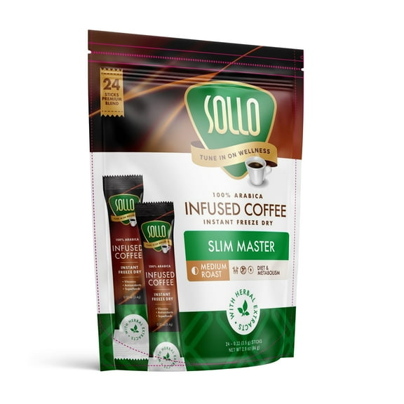 Sollo Instant Slim Coffee Packets, for Diet & Metabolism Support, w/Garcinia, Medium Roast, 100% Arabica & Freeze Dried in Single Serve Sticks, 24 Ct