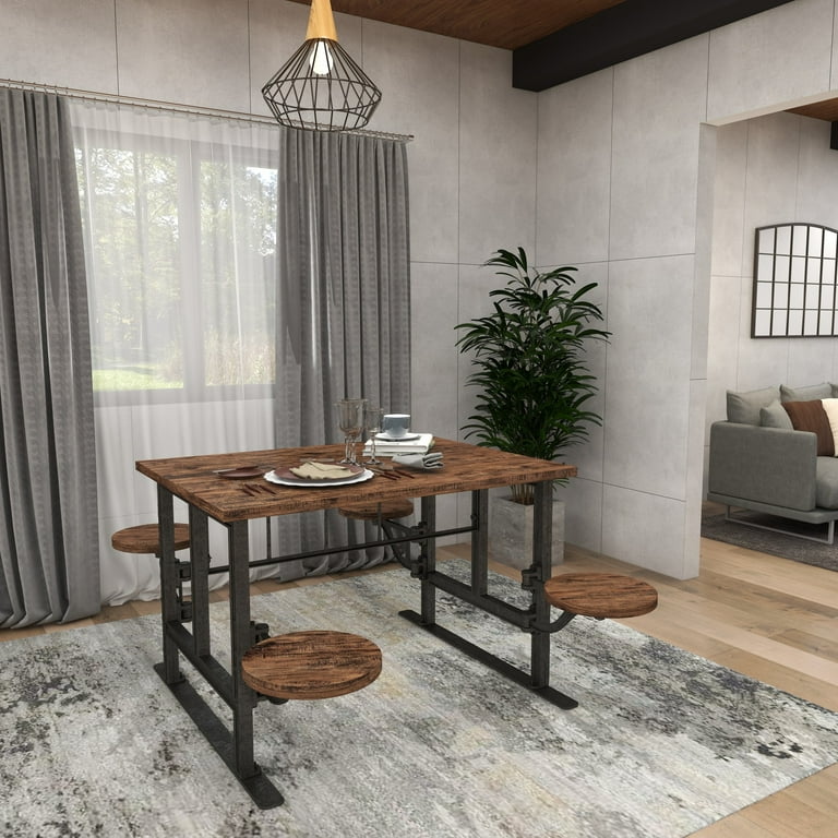 DecMode Brown Industrial Wood Dining Table with Four Attached