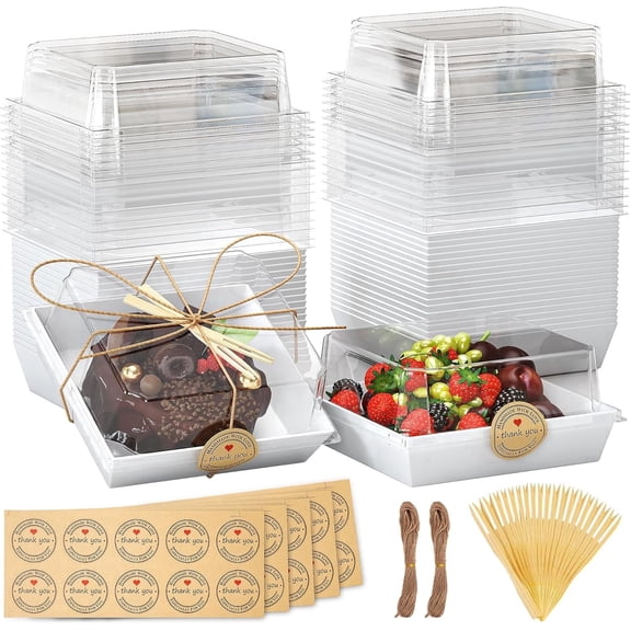 Qunbio 50 Pack Small Charcuterie Boxes with Clear Lids, Disposable To Go Food Containers, Paper Bakery Boxes Dessert Boxes for Cookie, Cupcakes, Mini Donuts and Strawberries