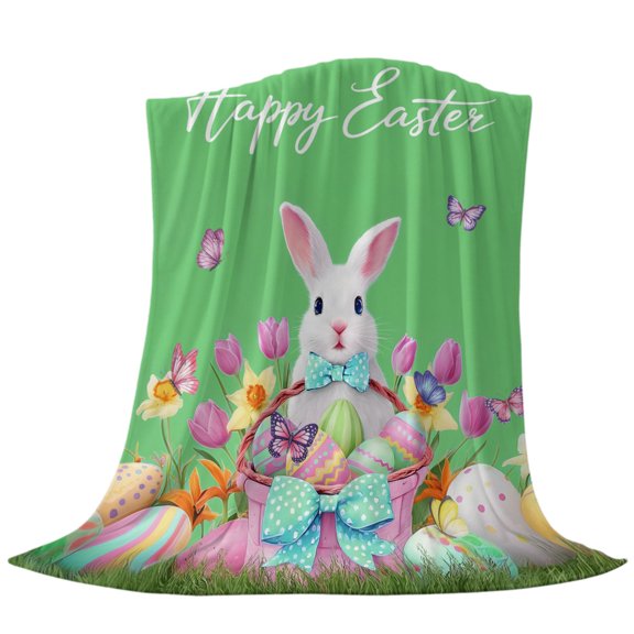 Happy Easter Throw Flannel Blanket Spring Basket Eggs Rabbit Floral Butterfly Green Super Soft Cozy Bed Blanket, Lightweight Plush Fuzzy Bed Throw for Bedroom Sofa Couch Living Room 30x40in