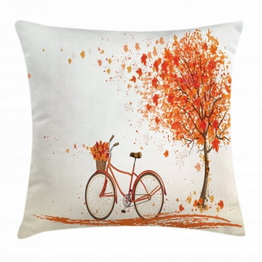 Bicycle Throw Pillow Cushion Cover, Autumn Tree Aged Old Bike November Day Fall Season Park Nature Theme, Decorative Square Accent Pillow Case, 20" X 20", Orange, by Ambesonne