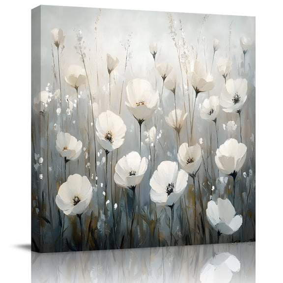 Wall Art Prints, White Spring Floral Framed Canvas Prints for Bedroom Living Room Bathroom Office, Botanical Abstract Oil Painting Plant Gallery Wrap Wall Art Poster for Gifts Home Decor 8"x8"