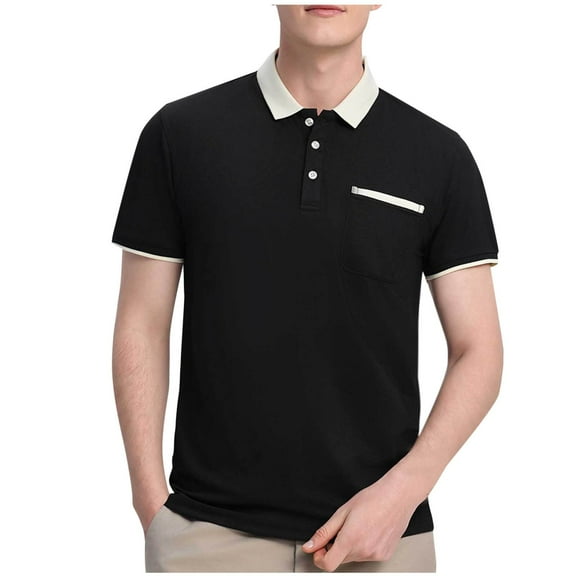 hoksml Mens Short Sleeve Shirts Casual Golf Polos Shirt Solid-Color Collared Colour Blocking Button Pocket T Shirt Top Turndown Collar Blouse Tee Shirt Summer Clearance