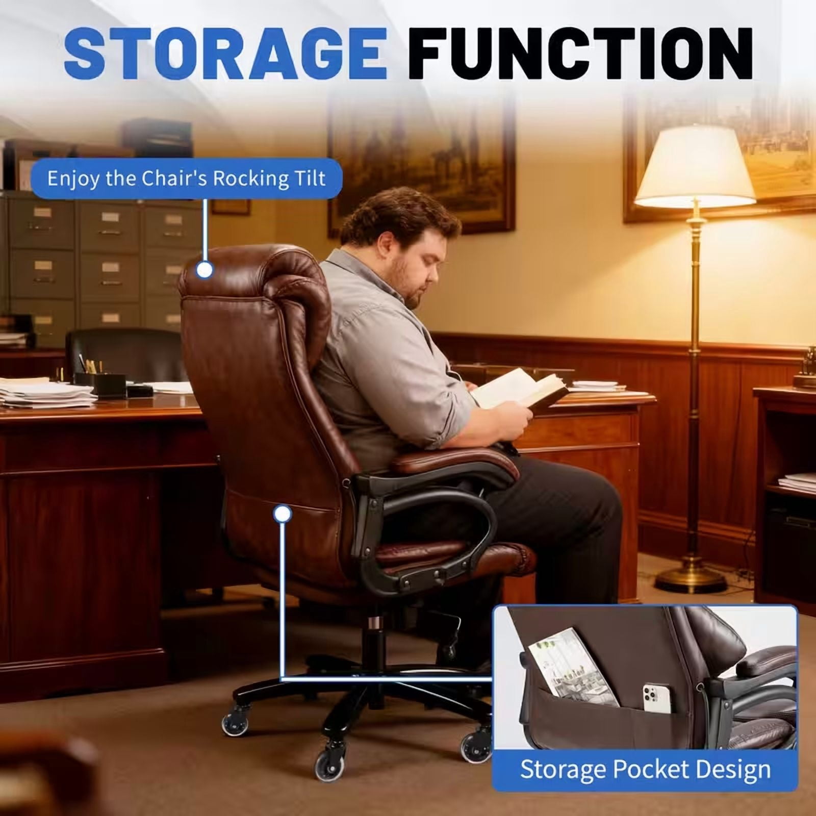 Qusaphy 800LBS Big and Tall Executive Office Chair, PU Leather Ergonomic Desk Chair with Adjustable Backrest and Thick Padded Cushion, Heavy Duty Chair for Home or Office Brown