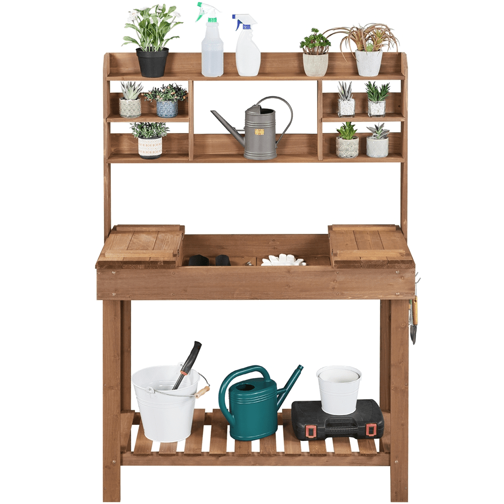 Renwick Potting Bench Table with Display Rack/ Storage Shelf/ Hanger, Brown