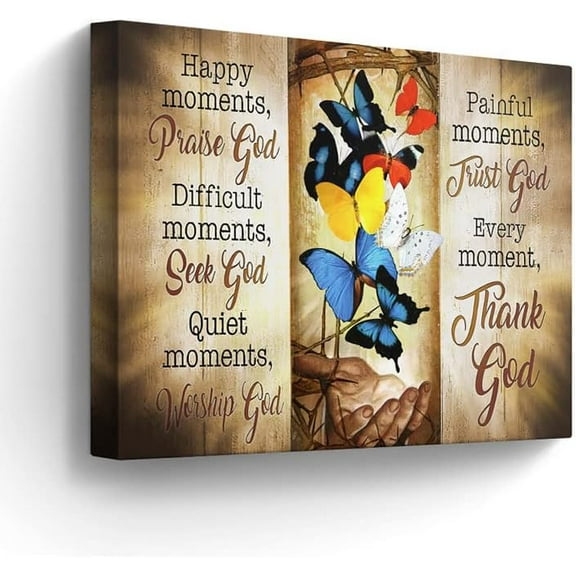 Christian Butterflies Canvas Wall Art Inspirational Pictures Wall Decor Happy Moments Praise God Painting for Bedroom Bathroom Living Room Butterflies Prints Artwork Framed 12"x16"（Gold