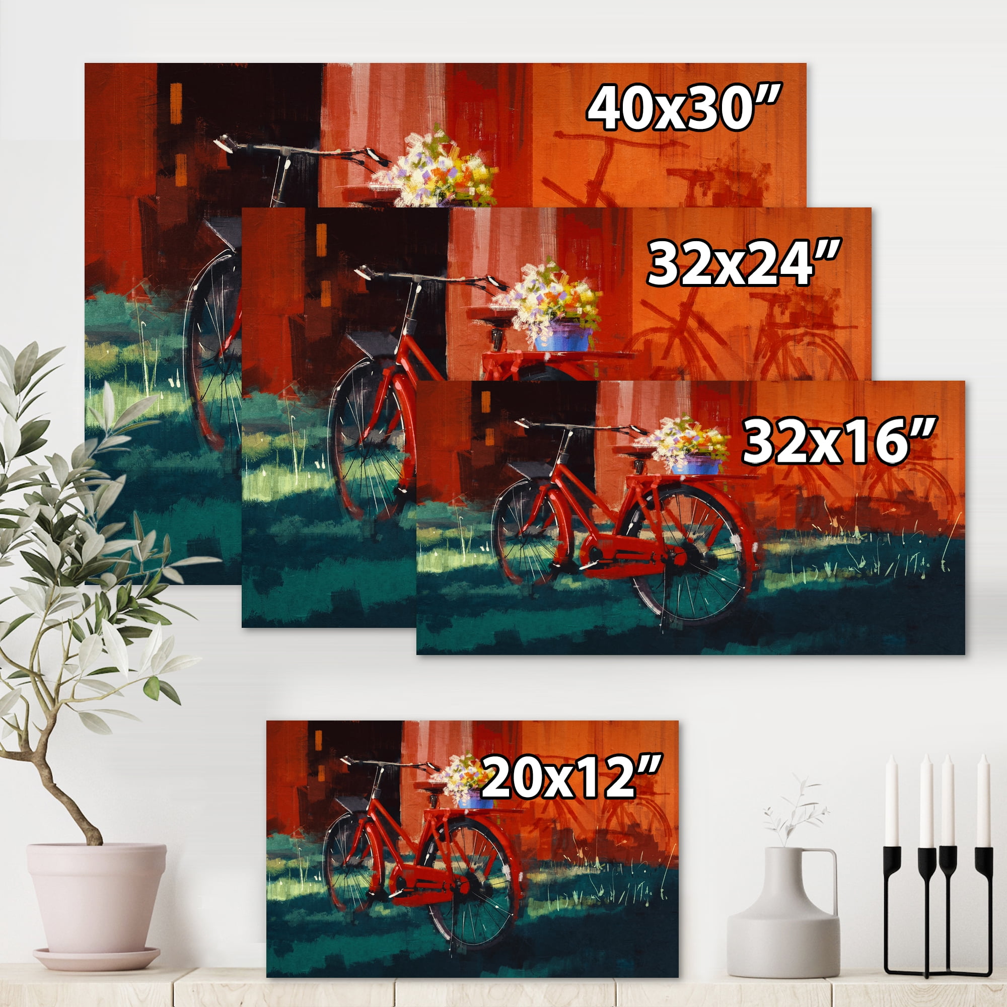 Designart ' Red VIntage Bicycle With Flowers Bucket ' Vintage Canvas Wall Art Print