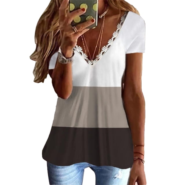 Camiseta con ribete de encaje, cuello en V, manga corta, cómoda y básica de verano para el trabajo a domicilio
