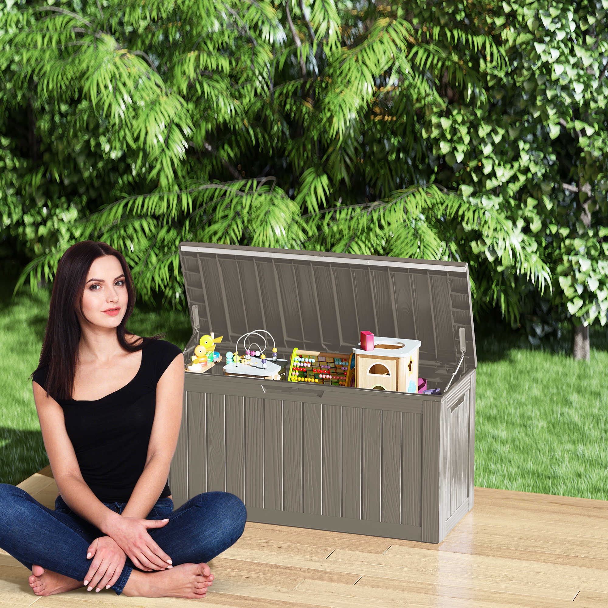Patio Casual 80 Gallon Lockable Resin Deck Box, Waterproof & Outdoor Storage Box for Outdoor Cushion Storage and Outdoor Delivery Storage, Stylish Outdoor Bench,Light coffee