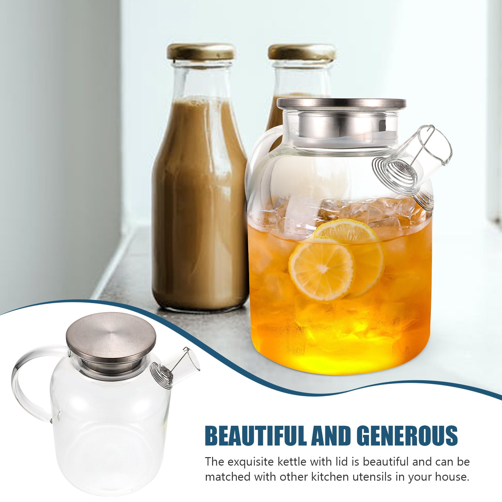 Glass Pitcher with Lid Filter Spout Cold Water Iced Tea Jug Clear Beverage Lemonade Dispenser for Home Restaurant 1.6L