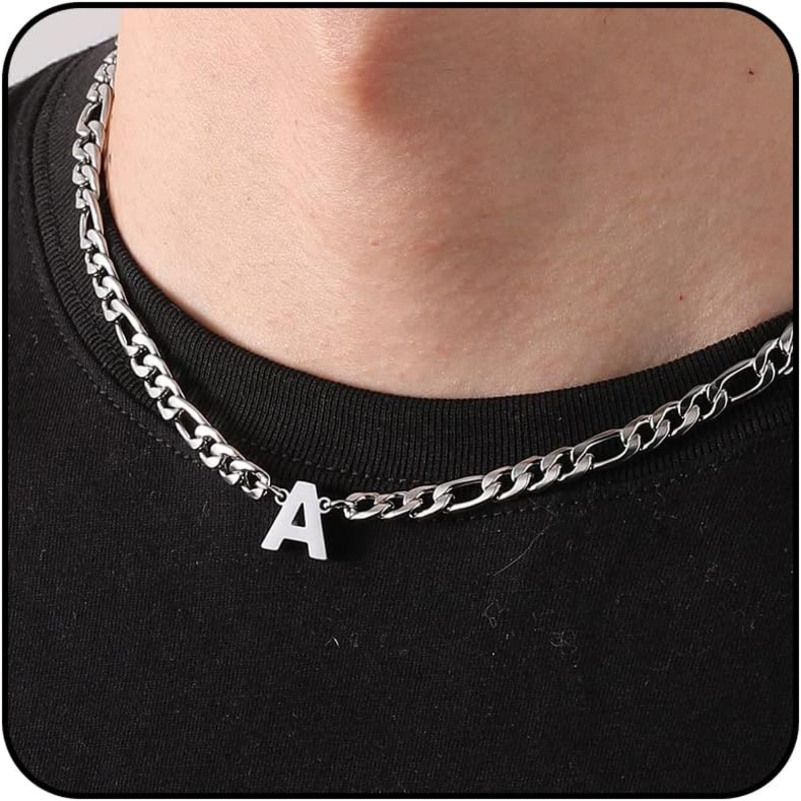 APSVO Silver Initial Necklaces for Men Boys Women Stainless Steel Figaro Letter A Pendent Chain Birthday Graduation Fathers Day Jewelry Gifts Teen Him Dad Boyfriend Adults Male Son Kids Age Ideas