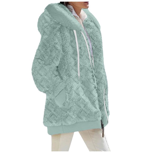 DondPO Fleece Coat for Women Women's Solid Color Fashion Casual Loose Drawstring Pocket Zipper Double Velvet Hooded Coat Sherpa Jacket Women Fuzzy Jackets for Women Blue 2XL Clearance!
