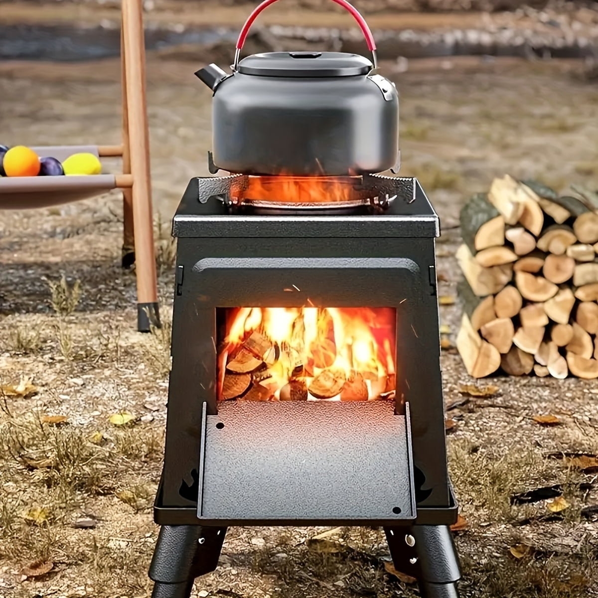 Portable Cast Iron Wood Burning Camp Stove - Heavy-Duty Outdoor Cookstove & Heater, Chimney/Air Vents/Sturdy Legs, Firewood/Charcoal Compatible, No Electricity, for Camping/Hiking/Picnic/BBQ