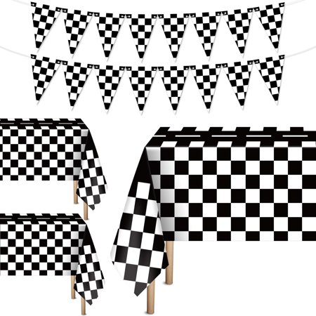 Qyeahkj Checkered Flags PriNst Tablecloth Banner Set Race Car Party Decorations Black and White Table Cover Include Checkered Birthday Party Paper Pennant Supplies for Birthday Party Decor