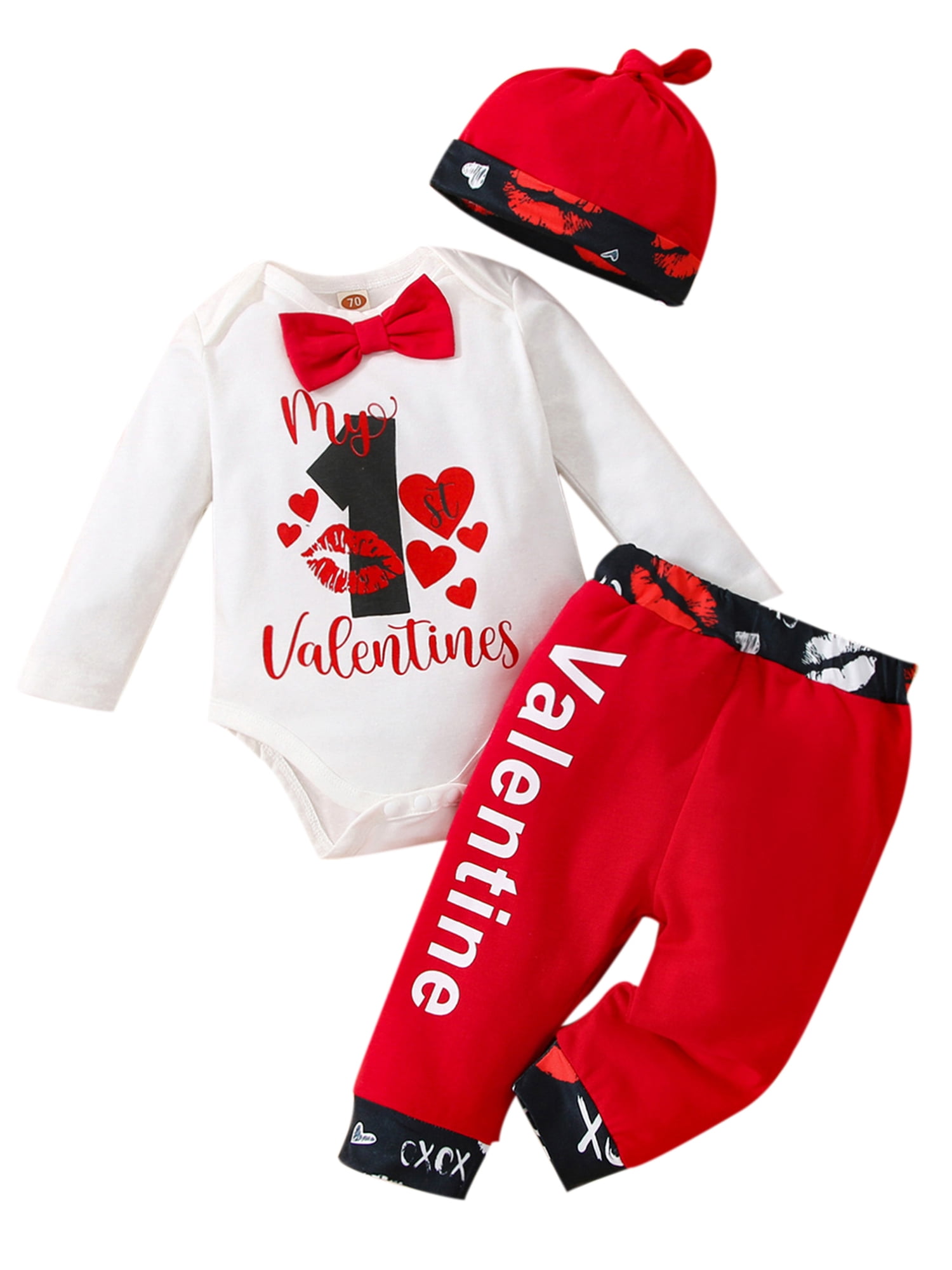Newborn Baby Girl Boy My 1st Valentine's Day Outfits Tops Romper+Pants Hat Set