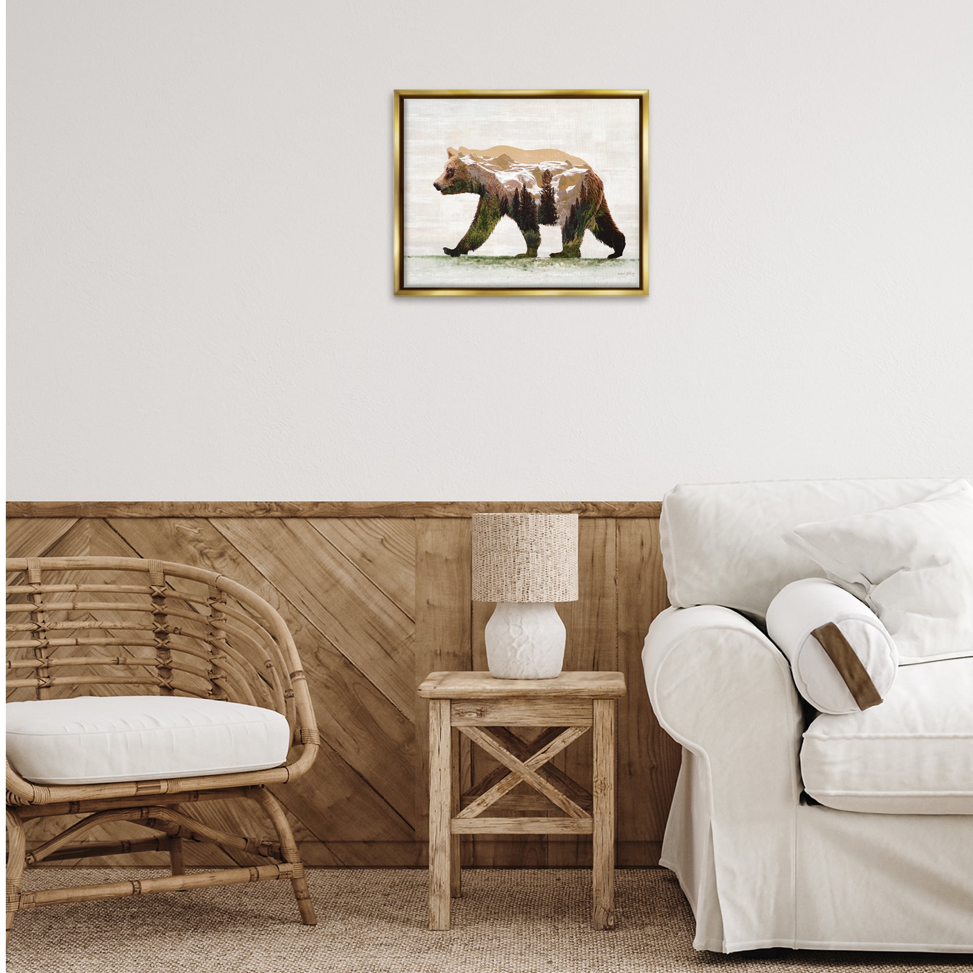 Stupell Industries Woodland Pattern Bear Animals & Insects Painting Gold Floater Framed Art Print Wall Art, 21 x 17