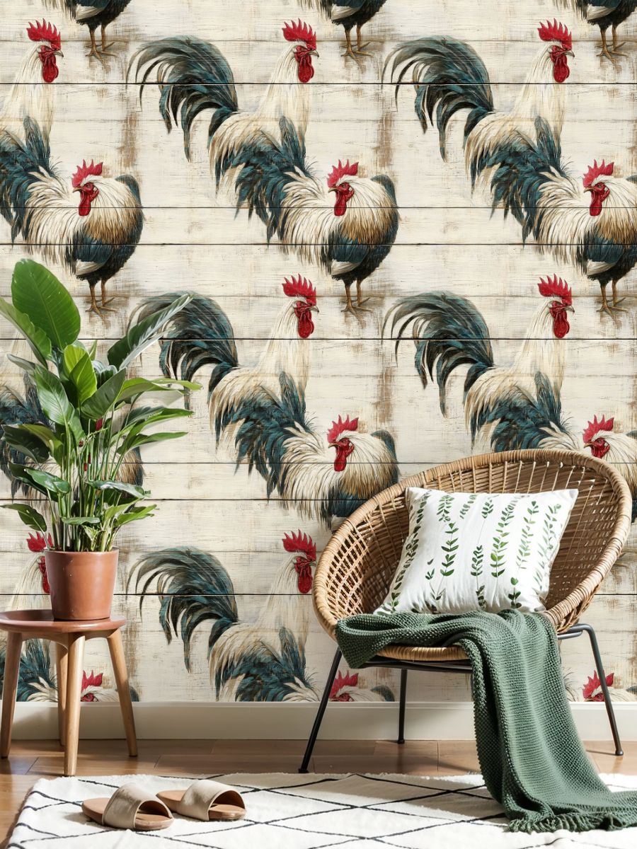 Farmhouse Peel and Stick Wallpaper 23.6in x 9.8ft Vintage Roosters Weathered Wood Planks Red Comb Contact Paper Vinyl Waterproof Self Adhesive Wall Paper for Bedroom Shelf Cabinet Renter Friendly